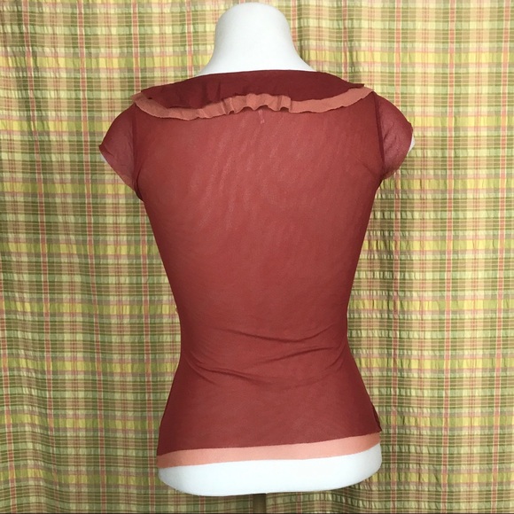 Anthro Maroon Blush Mesh Trim Faux Wrap Top XS - Picture 4 of 5